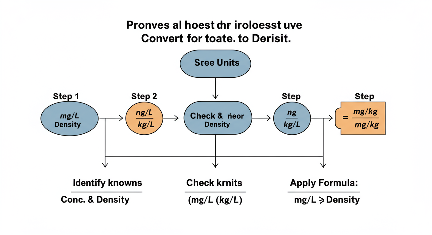 convert mg L to mg kg - Professional minimalist flowchart showing the 3-step process to convert mg/L to mg/kg. Step 1: "Identify Knowns (mg/L Conc. & Density)". Step 2: "Check Units (mg/L & kg/L)". Step 3: "Apply Formula: mg/kg = mg/L ÷ Density".