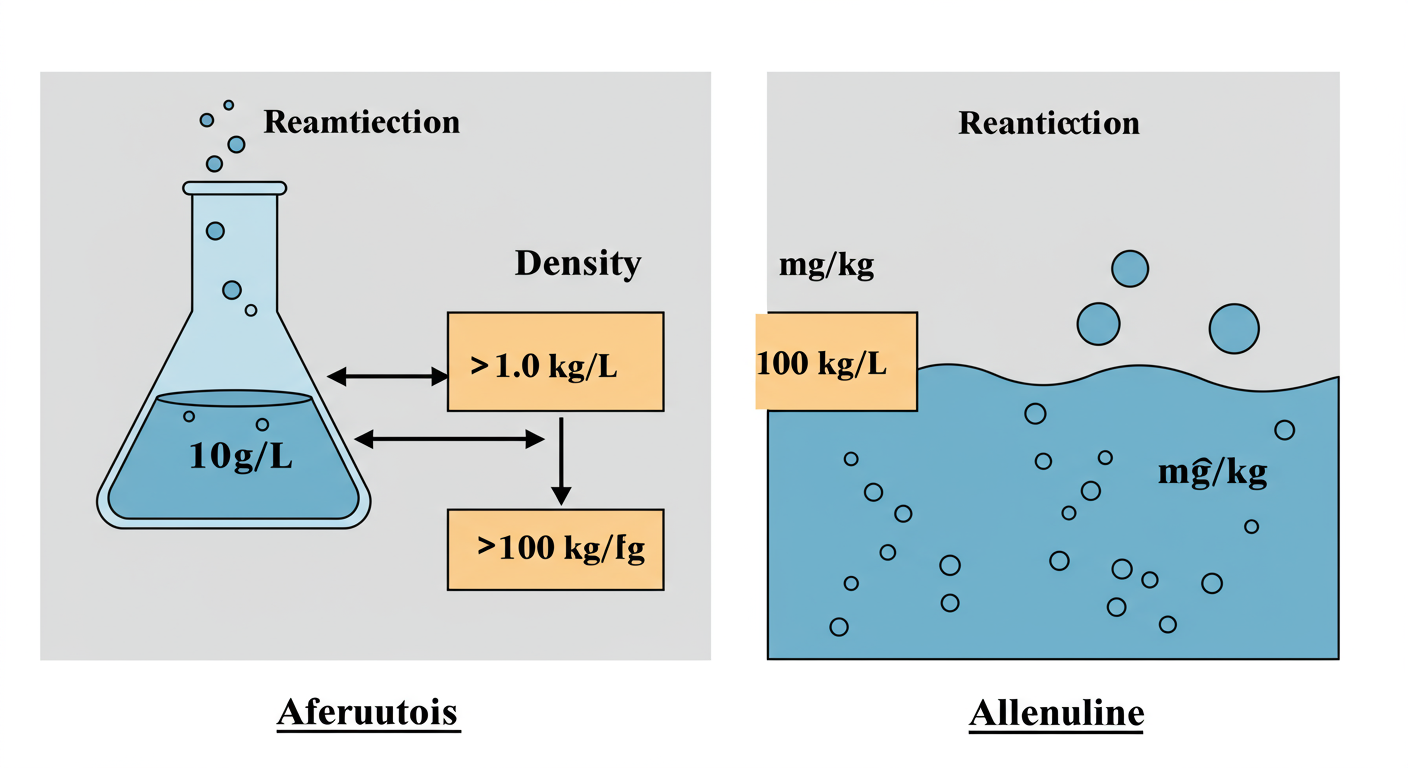 convert mg L to mg kg - Educational infographic showing the relationship between mg/L, density, and mg/kg. On the left, a beaker labeled "100 mg/L". An arrow points to a central icon of a scale labeled "Density". Two arrows branch out: one to a block labeled ">1.0 kg/L" resulting in "<100 mg/kg", and another to a block labeled "100 mg/kg".