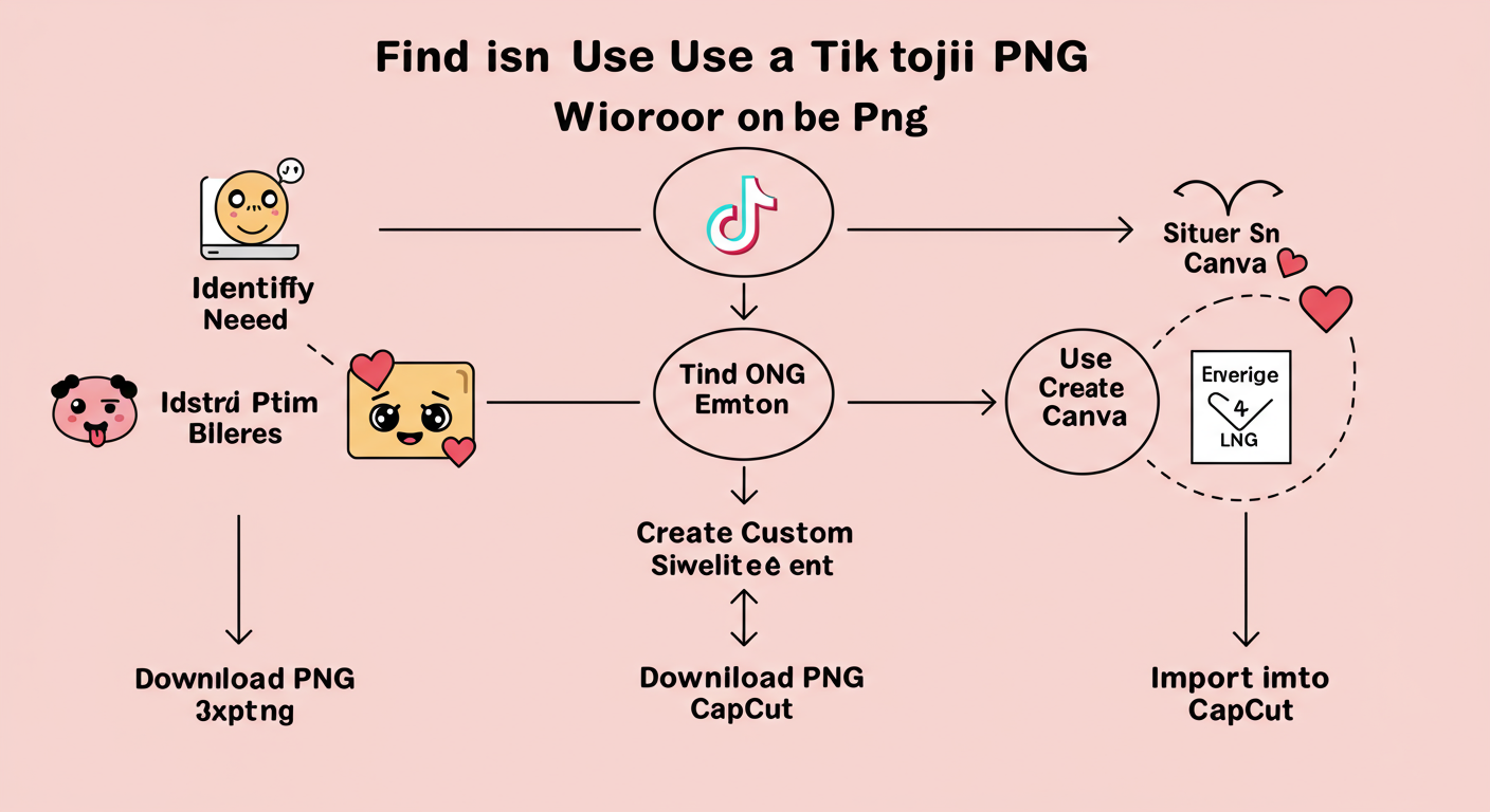 TikTok emoji PNGs - A professional minimalist flowchart showing the workflow for finding and using a TikTok emoji PNG, starting with 'Identify Need', branching to 'Find on PNG Site', 'Create Custom', or 'Use Canva', then converging to 'Download PNG' and 'Import into CapCut'.