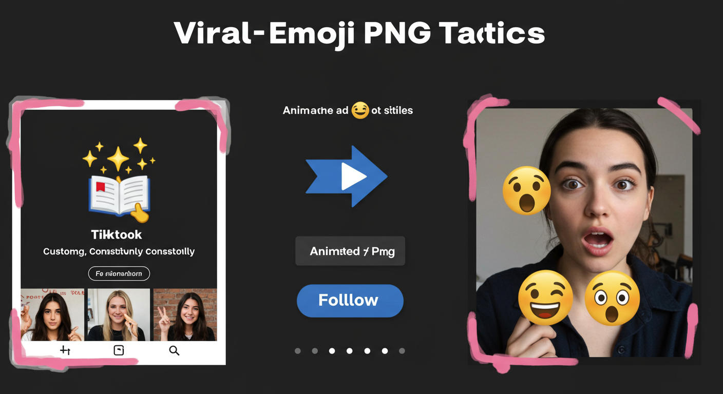 TikTok emoji PNGs - An educational infographic titled 'Viral Emoji PNG Tactics'. It shows three mini-examples: 1. A TikTok profile with a custom sparkling book emoji used consistently in video thumbnails. 2. A video frame with an animated arrow PNG pointing to the 'Follow' button. 3. A video frame showing a 'shocked face' emoji PNG popping up next to a person's head during a story.