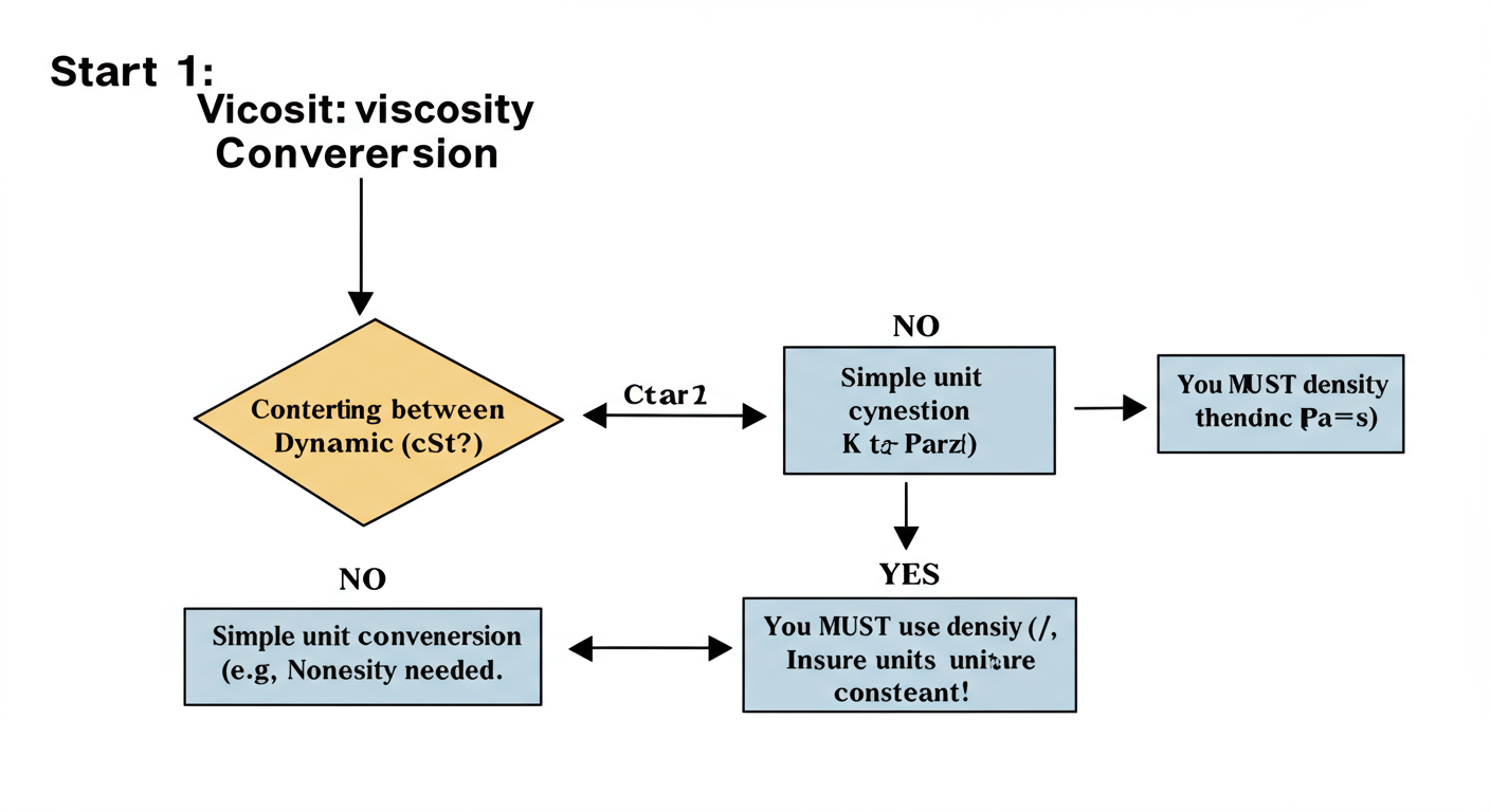 viscosity unit conversion - A simple flowchart diagram. Box 1: 'Start: Viscosity Conversion'. Arrow to Diamond: 'Converting between Dynamic (cP) and Kinematic (cSt)?'. Arrow 'NO' to Box: 'Simple unit conversion (e.g., cP to Pa·s). No density needed.'. Arrow 'YES' to Box: 'You MUST use density (ρ). Ensure units are consistent!'.