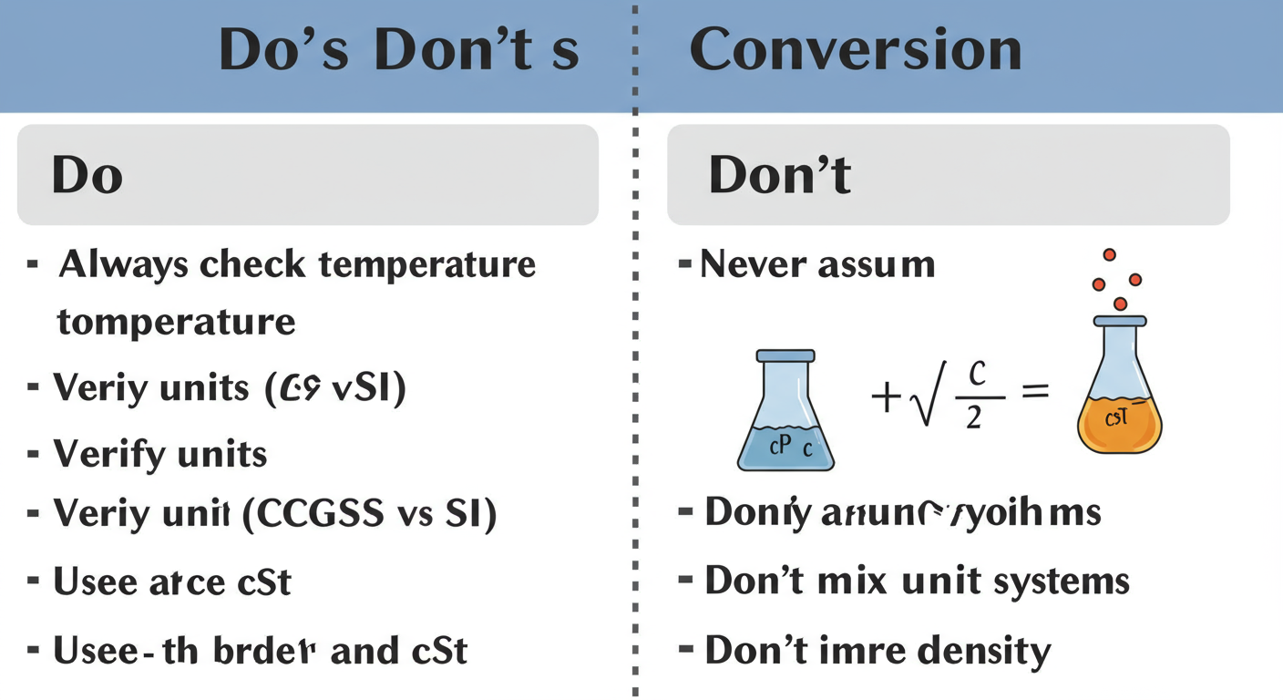 viscosity unit conversion - A high-quality graphic of a "Do's and Don'ts" comparison table for viscosity conversion. Do side: 'Always check temperature', 'Verify units (CGS vs SI)', 'Use density to bridge cP and cSt'. Don't side: 'Never assume cP = cSt', 'Don't mix unit systems', 'Don't ignore density'.