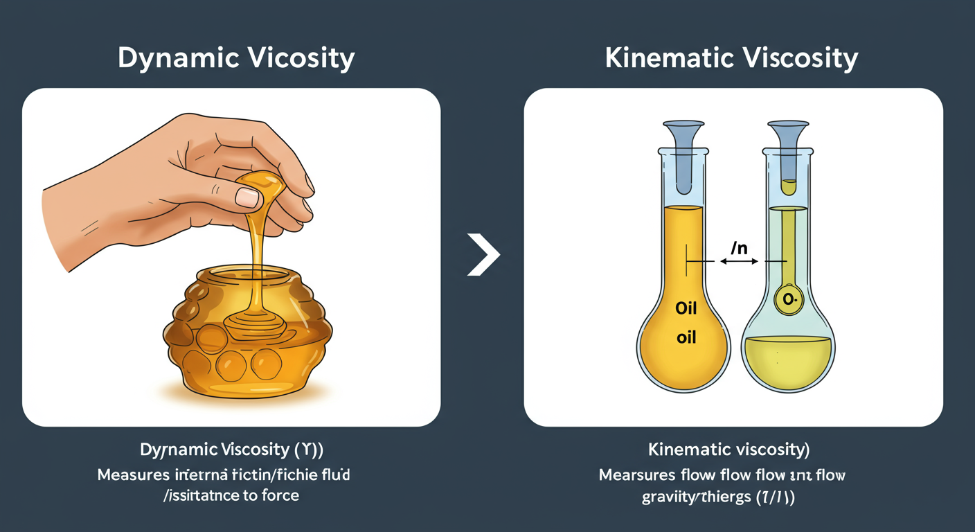 viscosity unit conversion - Professional infographic comparing Dynamic and Kinematic viscosity. Left side shows a hand stirring honey with the label 'Dynamic Viscosity (η): Measures internal friction/resistance to force'. Right side shows two identical tubes, one with oil and one with a denser fluid, both with the same dynamic viscosity, but the denser fluid flows out faster, labeled 'Kinematic Viscosity (ν): Measures flow under gravity (η/ρ)'.