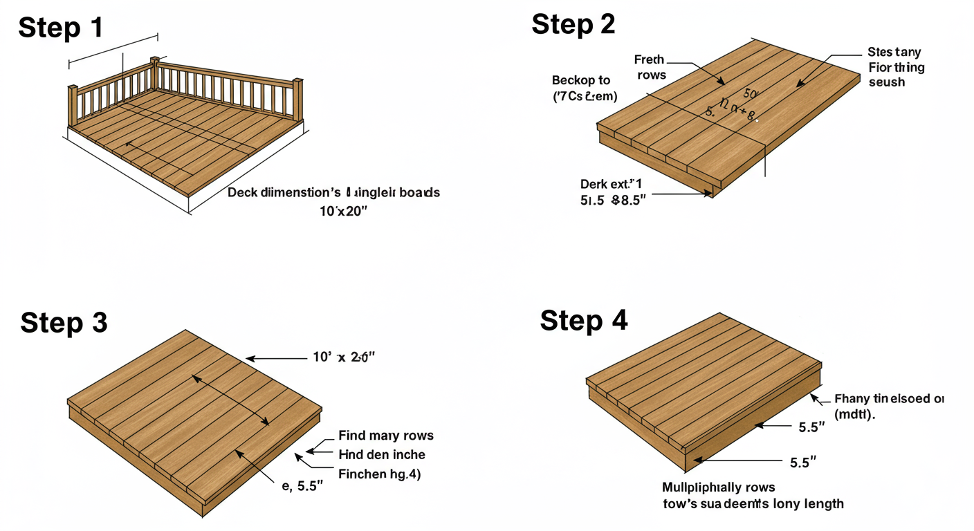 linear foot to feet - A professional step-by-step diagram showing how to calculate the total linear feet of decking needed for a specific deck area. Step 1: Show the deck dimensions (10'x20'). Step 2: Show a single deck board with its width (e.g., 5.5 inches). Step 3: Show the calculation to find how many rows are needed. Step 4: Show the final calculation multiplying rows by length.