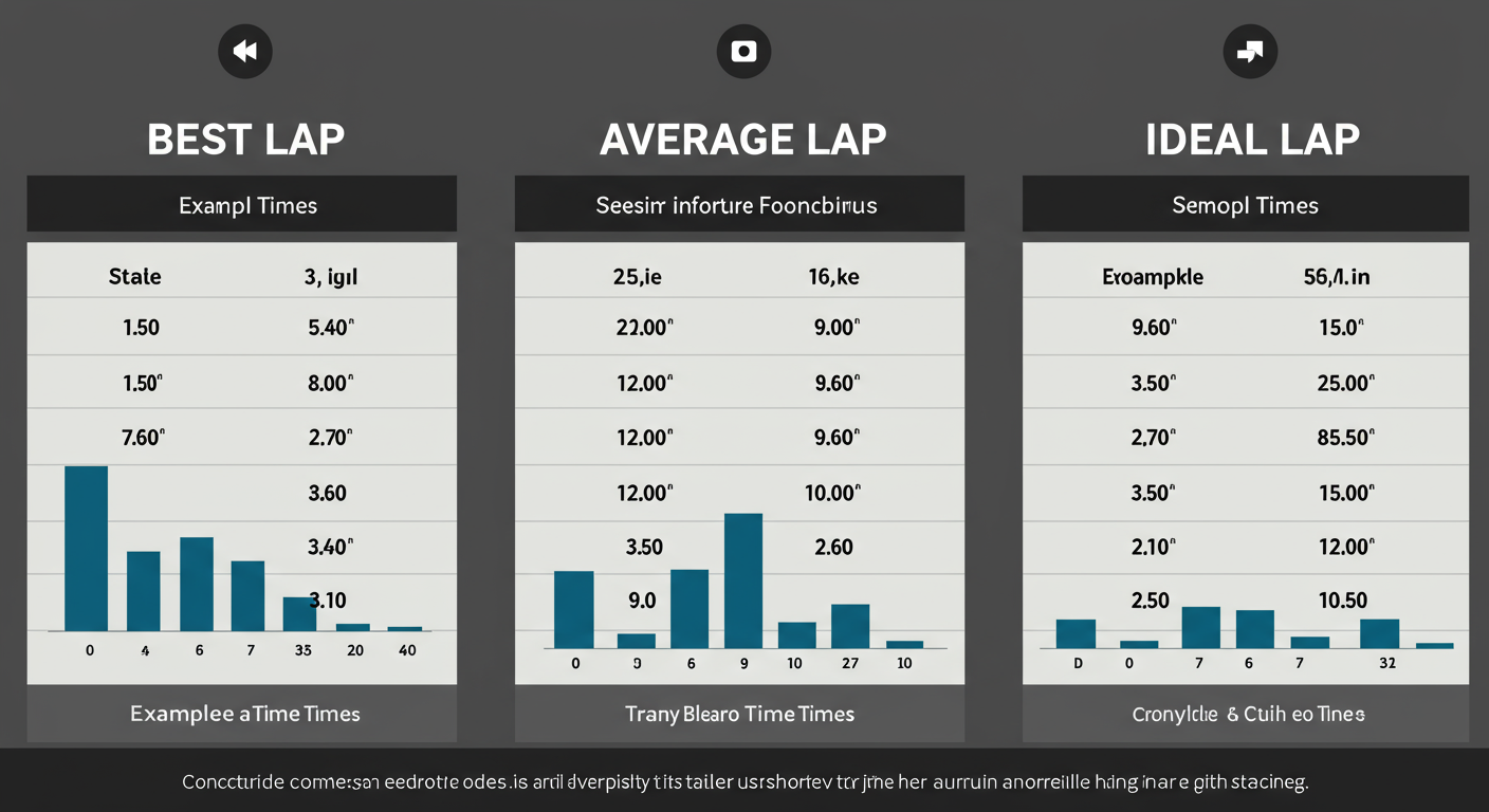 lap time calculator - detailed comparison table as a high-quality graphic, visually comparing the concepts of 'Best Lap', 'Average Lap', and 'Ideal Lap' with example times and a small bar chart for each.