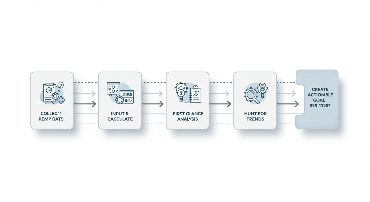 lap time calculator - professional minimalist flowchart showing the 5-step workflow: 1. Collect Data -> 2. Input & Calculate -> 3. First Glance Analysis -> 4. Hunt for Trends -> 5. Create Actionable Goal.