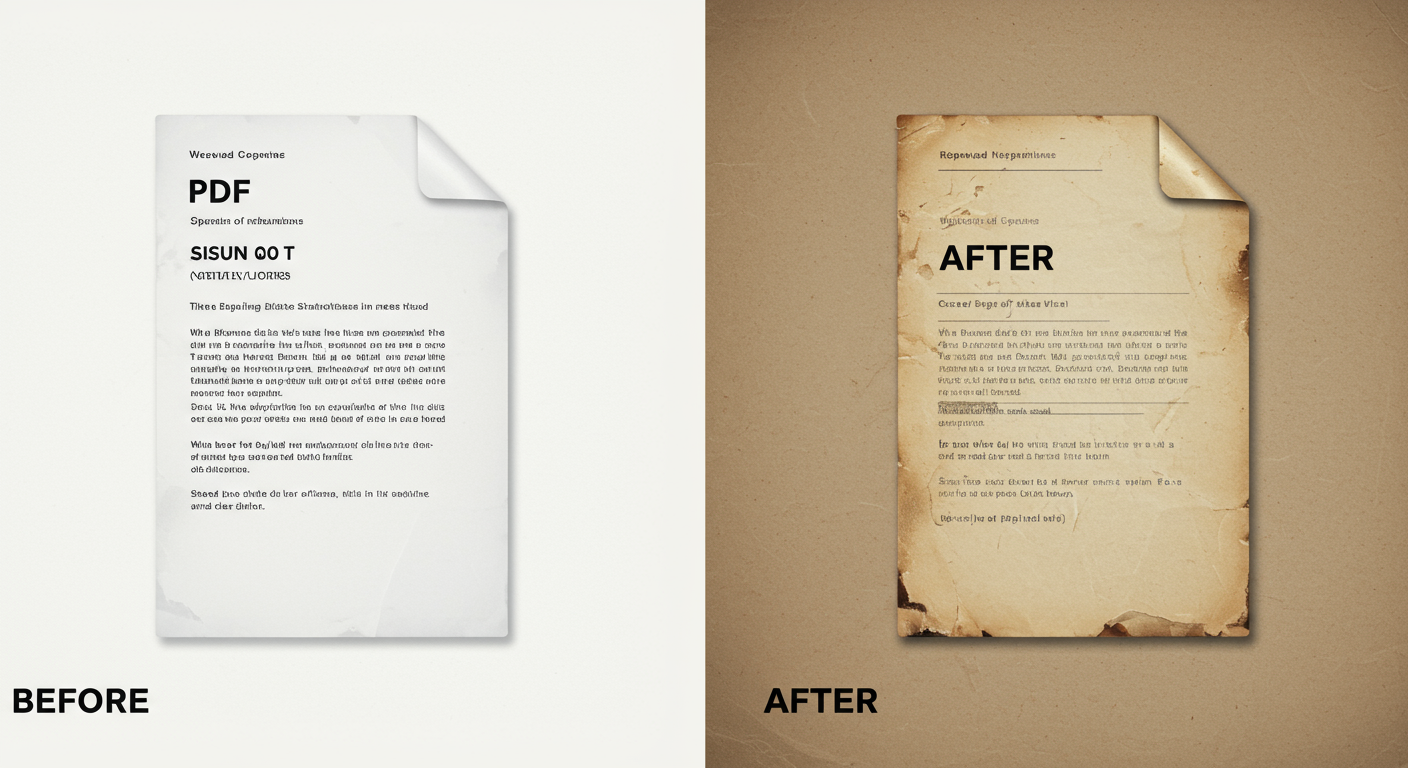 make a PDF look scanned - A high-quality graphic showing a side-by-side comparison of a "Before" clean digital PDF and an "After" PDF that looks scanned, with the subtle effects applied.