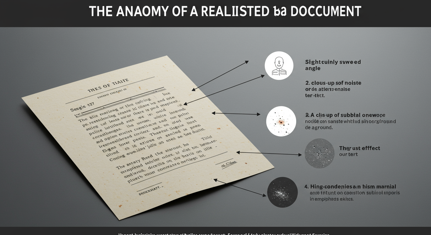 make a PDF look scanned - Professional infographic titled "The Anatomy of a Realistic Scanned Document" showing a document with callouts pointing to 1. A slightly skewed angle, 2. A close-up of subtle noise on a white background, 3. A high-contrast effect on text, 4. A tiny dust speck in the margin.