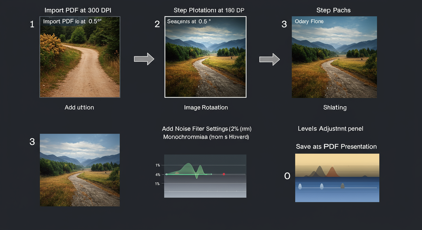 make a PDF look scanned - Step-by-step diagram showing the Photoshop workflow: 1. Import PDF at 300 DPI. 2. Image Rotation at 0.5 degrees. 3. Add Noise filter settings (2%, Gaussian, Monochromatic). 4. Levels adjustment panel with sliders moved inward. 5. Save as PDF Presentation.