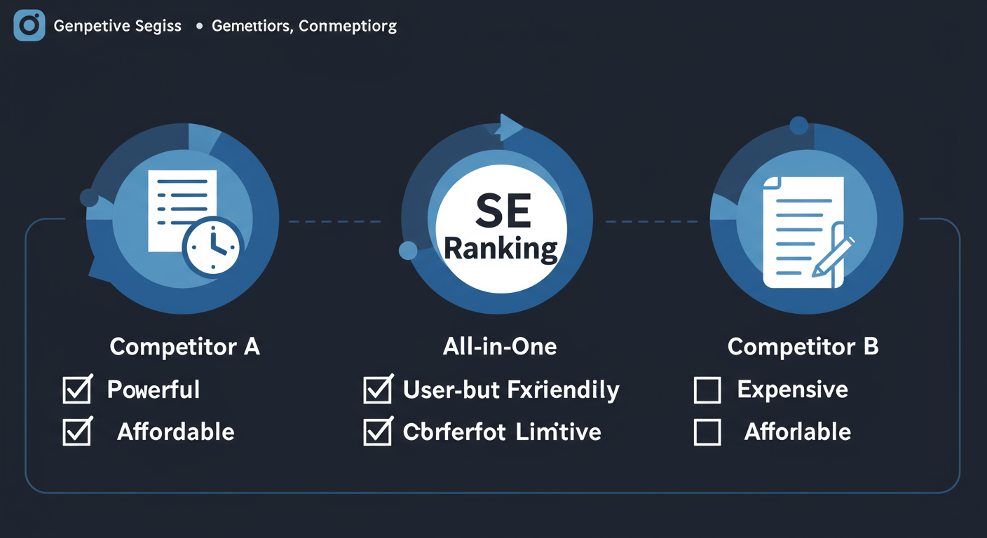 SE Ranking review - A high-quality graphic comparing SE Ranking to two other generic 'competitors'. Show SE Ranking in the middle with checkmarks for 'All-in-One', 'User-Friendly', and 'Affordable', while Competitor A is 'Powerful but Expensive' and Competitor B is 'Cheap but Limited'.
