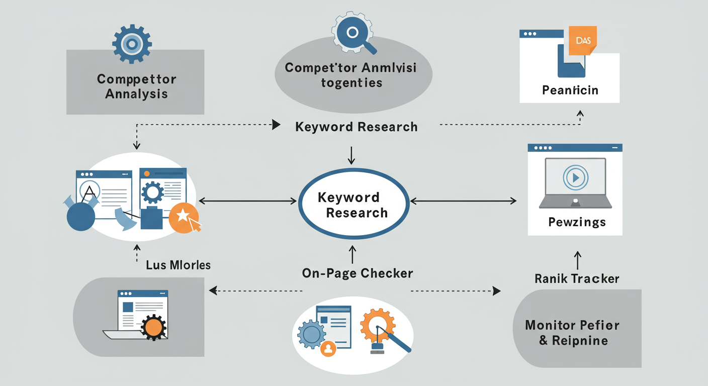 SE Ranking review - professional minimalist flowchart showing the workflow of using SE Ranking tools together, starting with 'Competitor Analysis' leading to 'Keyword Research', then to 'Content Editor', then 'On-Page Checker', and finally 'Rank Tracker' with a loop back to 'Monitor & Refine'.