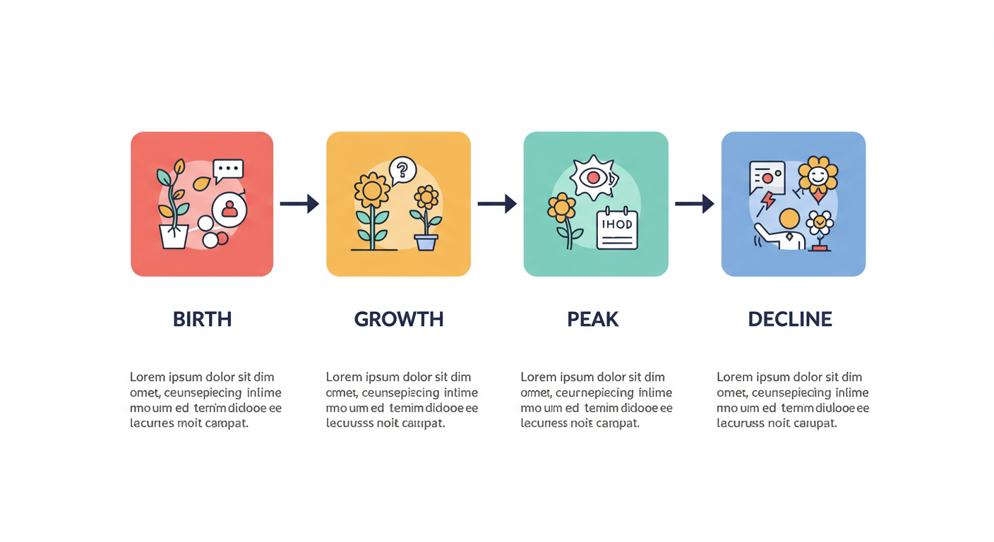 white meme format - A clean, professional flowchart infographic illustrating the four stages of the meme lifecycle: Birth, Growth, Peak, and Decline, with icons for each stage.