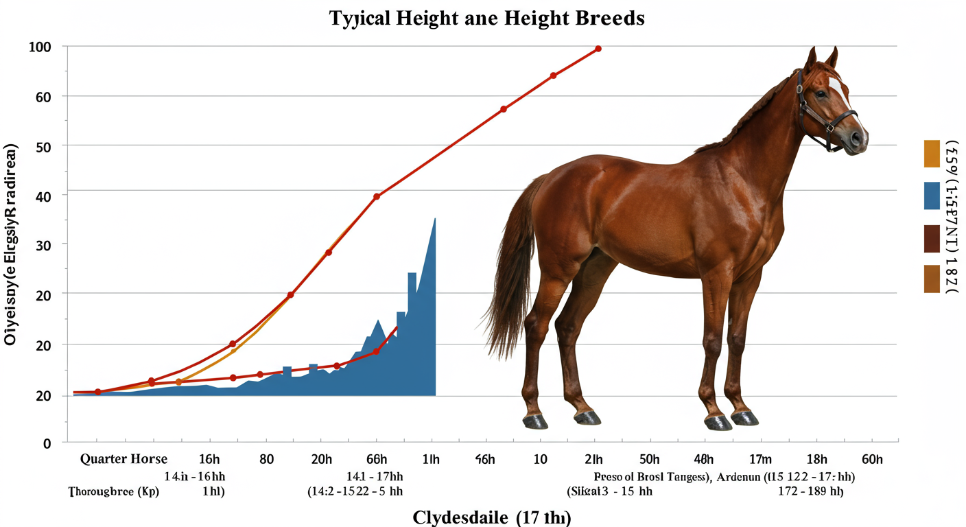 cm to hh conversion - data trend graph as a high-quality infographic, showing the typical height ranges in 'hh' for popular horse breeds like Quarter Horse (14-16hh), Thoroughbred (15.2-17hh), Arabian (14.1-15.1hh), and Clydesdale (17-18hh).