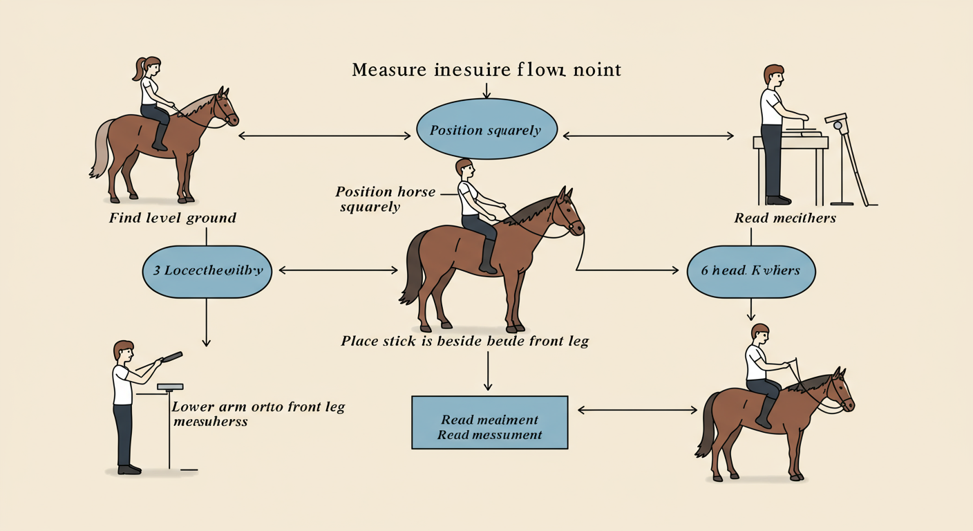 cm to hh conversion - professional minimalist flowchart showing the workflow of measuring a horse: 1. Find level ground. 2. Position horse squarely. 3. Locate the withers. 4. Place stick beside front leg. 5. Lower arm onto withers. 6. Read measurement.
