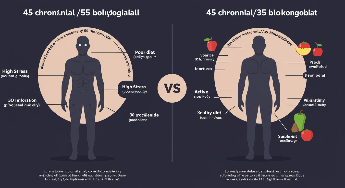 Biological Age Test - High-quality infographic visually comparing two human silhouettes. One is 45 chronological/55 biological, looking tired with labels like 'High Stress', 'Poor Diet'. The other is 45 chronological/35 biological, looking vibrant with labels like 'Active', 'Healthy Diet'.