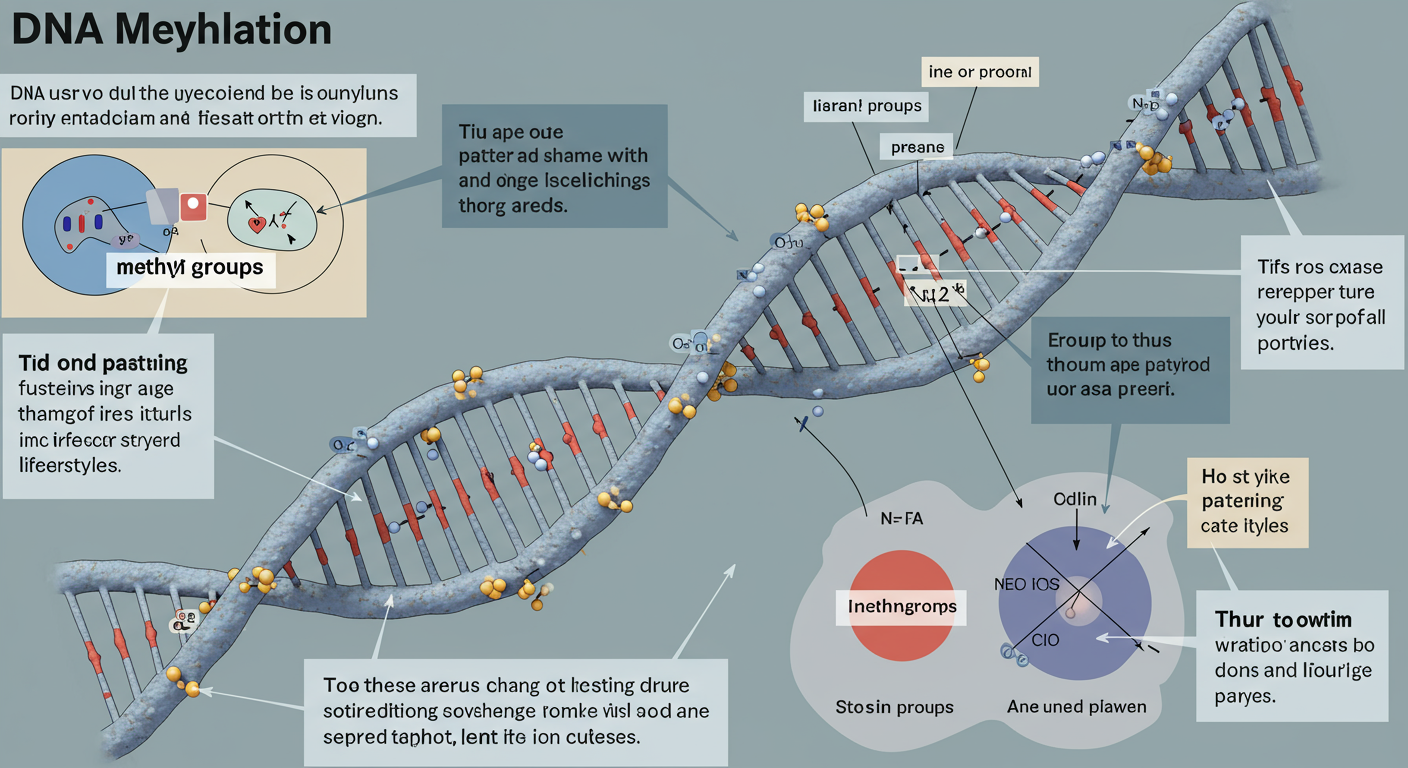 Biological Age Test - A detailed educational infographic explaining DNA methylation. It shows a DNA strand with 'methyl groups' attaching to it, with a caption explaining how these patterns change with age and lifestyle.