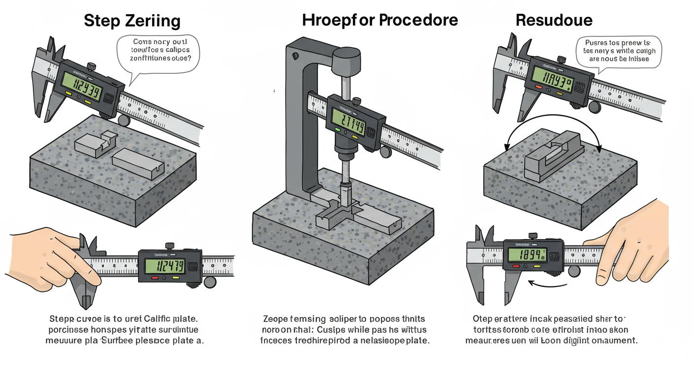 Tenths to Inches Calculator - Step-by-step diagram showing how to properly zero a digital caliper on a granite surface plate before measuring a part.