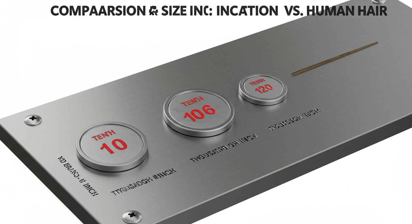 Tenths to Inches Calculator - High-quality infographic visually comparing the size of a tenth of an inch, a thousandth of an inch, and a human hair on a metal surface.