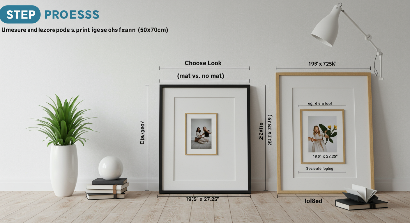 50x70cm to inches - Step-by-step diagram showing the process: 1. Measure the print (50x70cm). 2. Choose a look (mat vs. no mat). 3. Select a frame (e.g., 24x36"). 4. Calculate mat opening size (19.5" x 27.25").