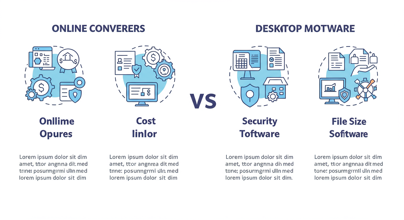 PAK to BIN converter online - A clean, modern infographic visually comparing Online Converters vs. Desktop Software using the key points from the table above, with icons for accessibility, cost, security, and file size.
