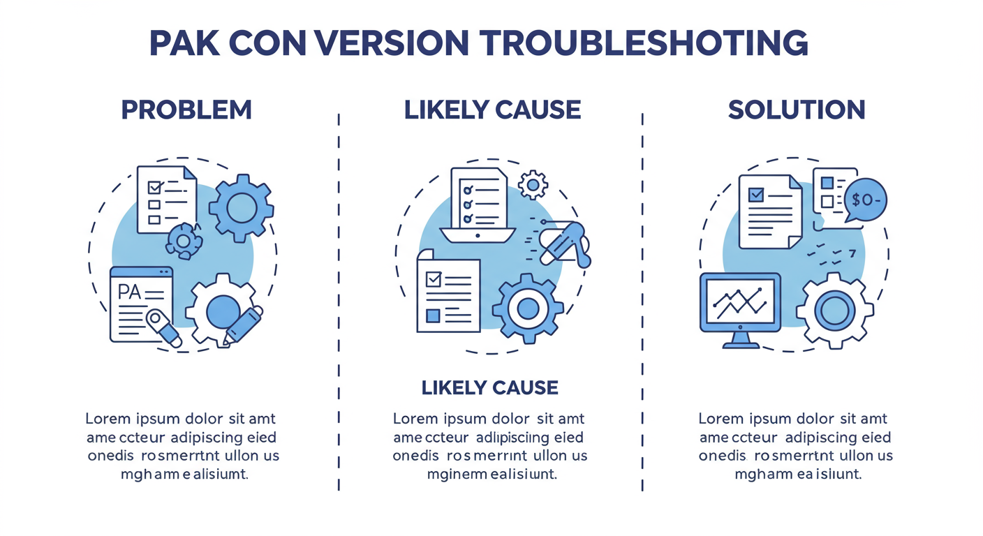 PAK to BIN converter online - A simple educational infographic titled 'PAK Conversion Troubleshooting' with three columns: 'Problem', 'Likely Cause', and 'Solution', covering the common issues mentioned above.