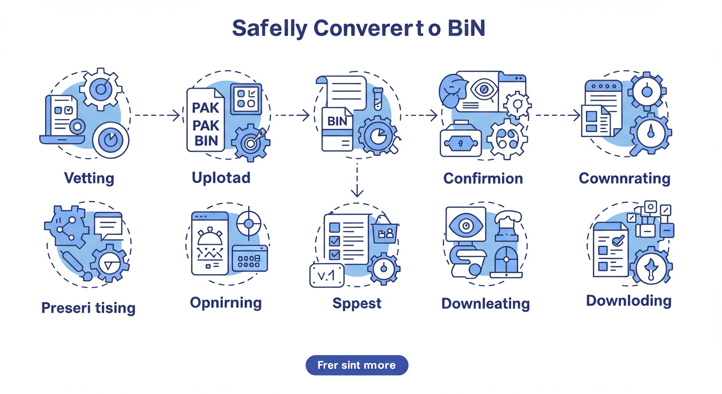 PAK to BIN converter online - A professional minimalist flowchart showing the 5-step workflow for safely converting a PAK file to a BIN file online, with icons for each step: Vetting, Uploading, Confirming, Converting, and Downloading.