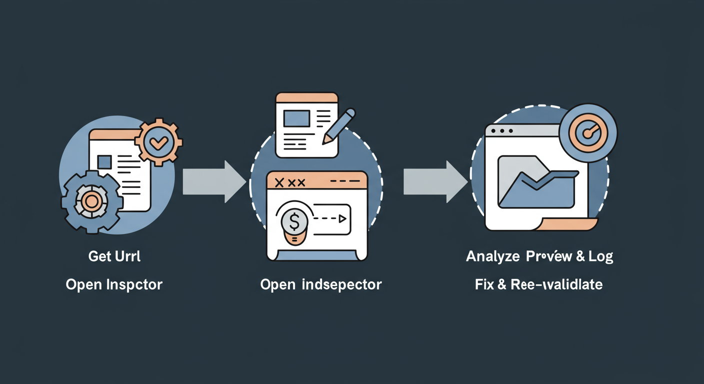 X Card Validator - A clean, minimalist flowchart diagram illustrating the 5-step X Card Validator workflow: 1. Get URL -> 2. Open Inspector -> 3. Preview -> 4. Analyze Preview & Log -> 5. Fix & Re-validate.