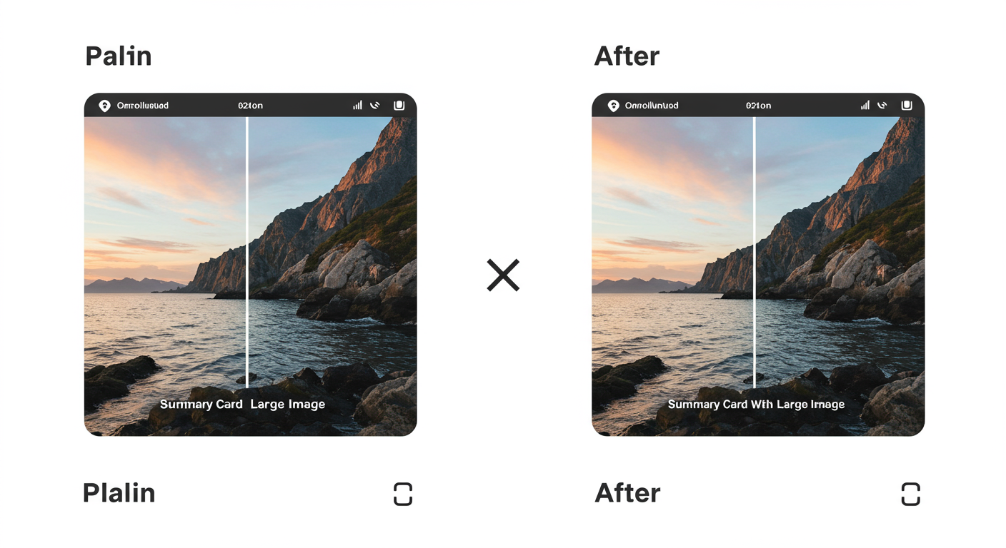 X Card Validator - Before and after comparison graphic. Left side shows a plain, ugly link shared on X. Right side shows the same link with a beautiful, fully-rendered Summary Card with Large Image, highlighting the title, description, and stunning image.