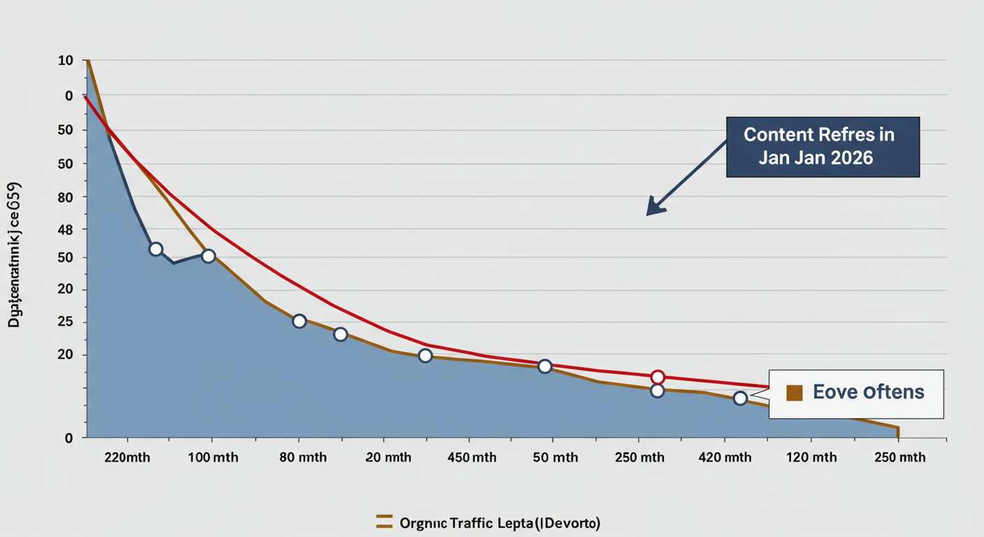 SEO Texte - Data trend graph showing a line for organic traffic that is slowly declining over 12 months, then a sharp spike upwards with a label "Content Refresh in Jan 2026," followed by a new, higher sustained traffic level.
