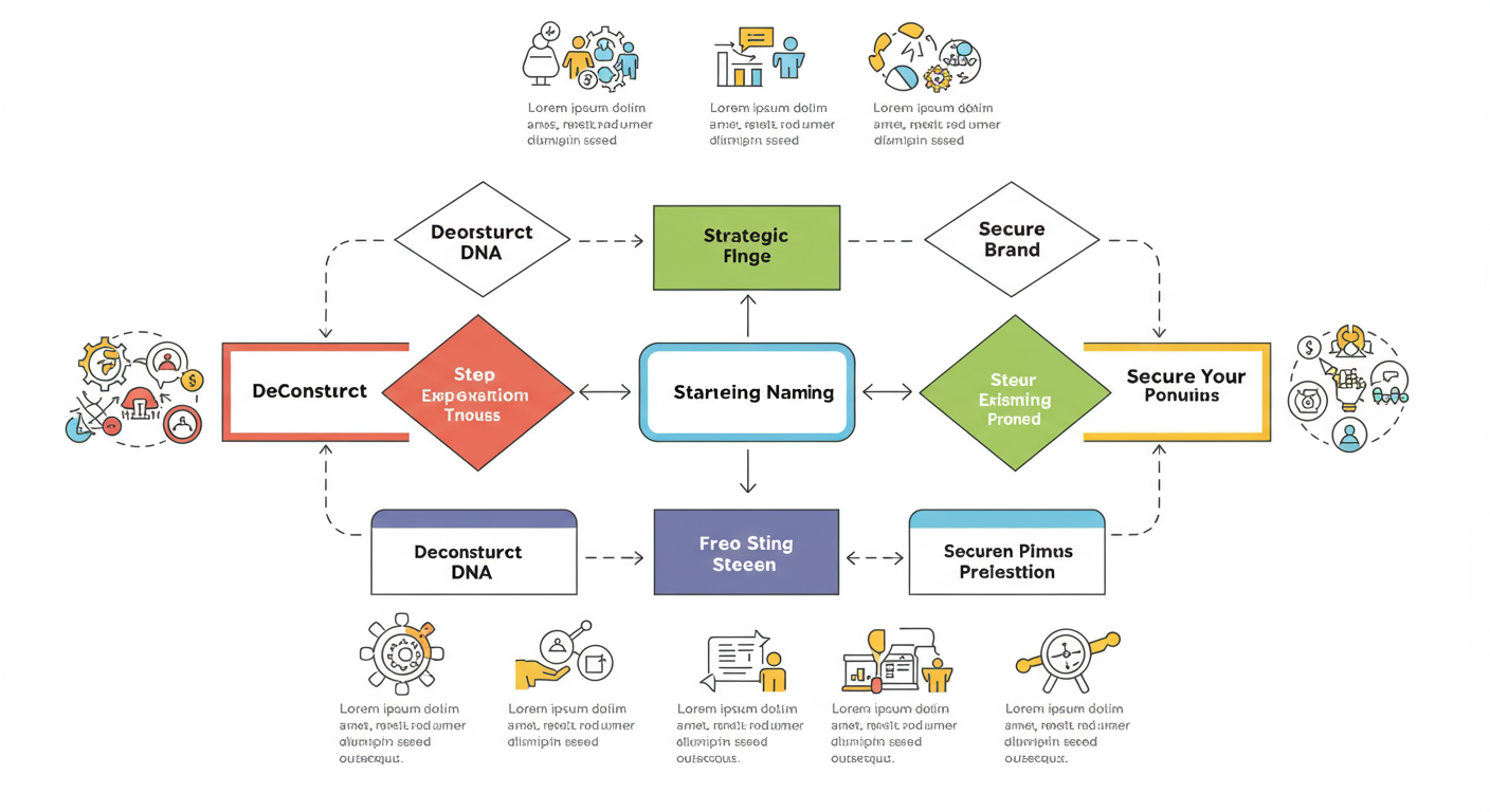 word combiner generator - A clean, professional flowchart diagram illustrating the 5-step strategic naming process, from 'Deconstruct DNA' to 'Secure Your Brand'.