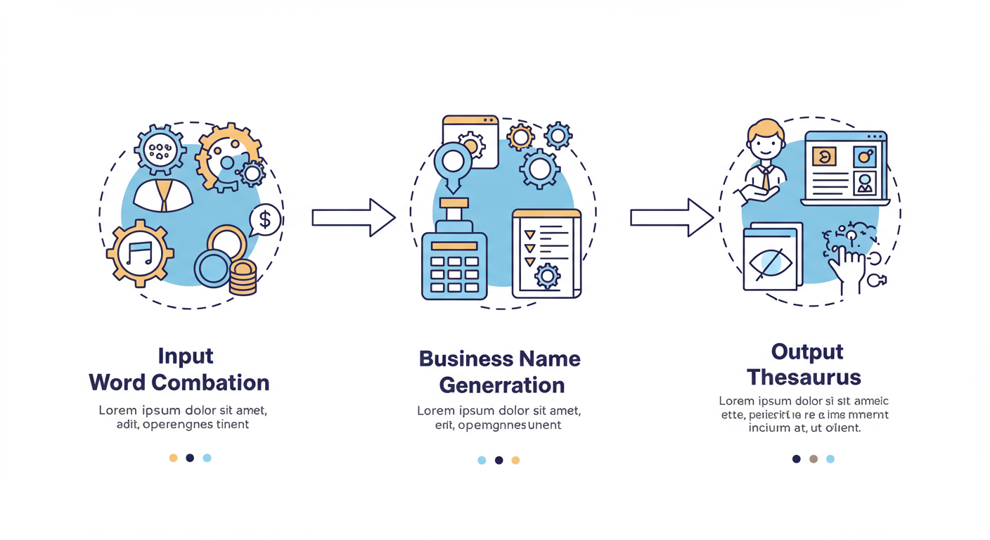 word combiner generator - Professional minimalist infographic comparing a Word Combiner Generator, a Business Name Generator, and a Thesaurus, showing input vs. output for each.