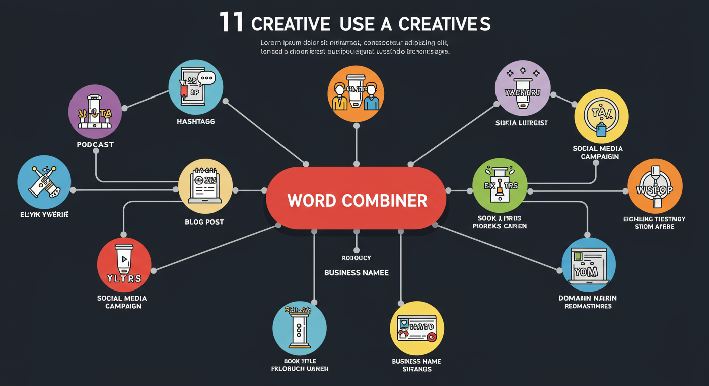 word combiner generator - A vibrant, modern mind-map infographic showcasing 11 creative uses for a word combiner, with icons for each use case like 'podcast', 'app', 'hashtag', etc.