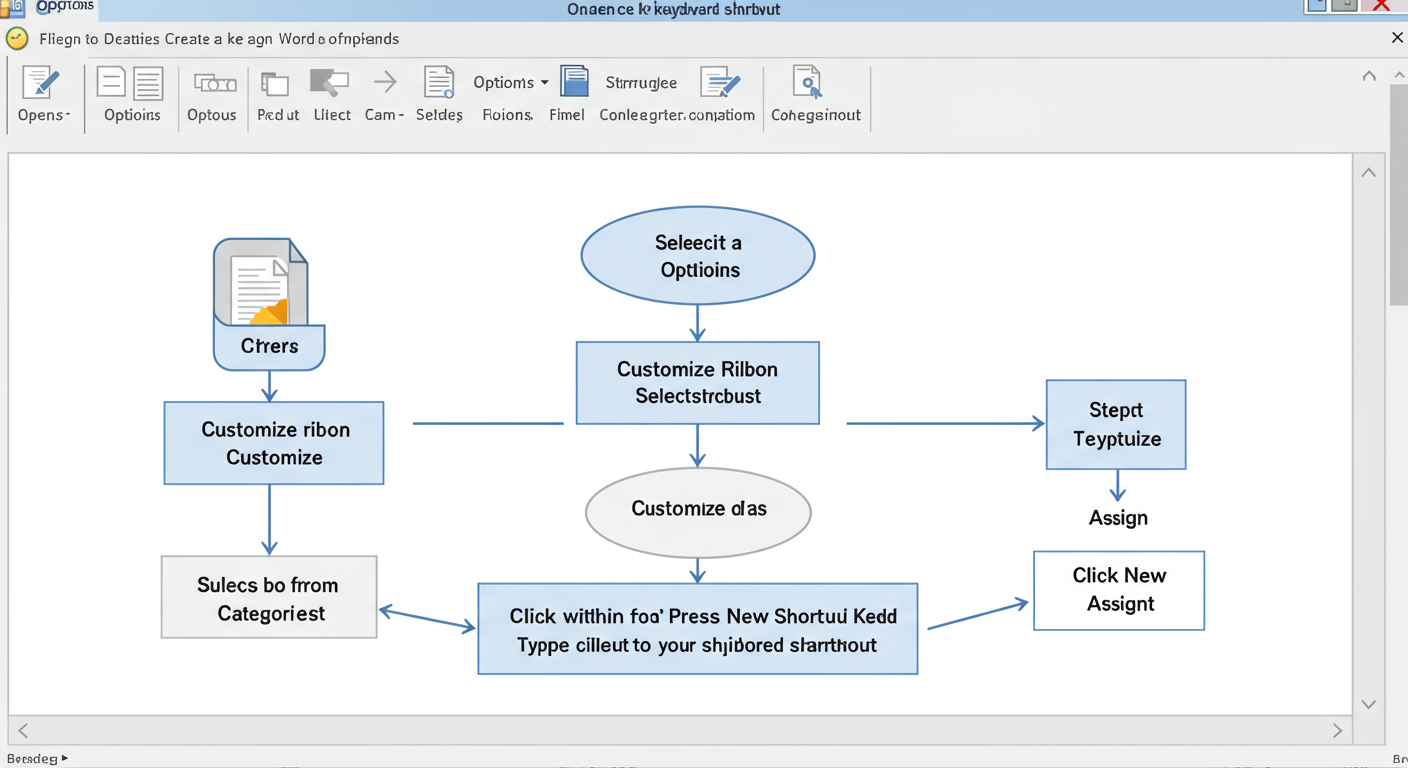Word change case shortcut - A simple, clean flowchart diagram illustrating the 5 steps to create a custom keyboard shortcut in Microsoft Word, from 'File > Options' to 'Assign'.