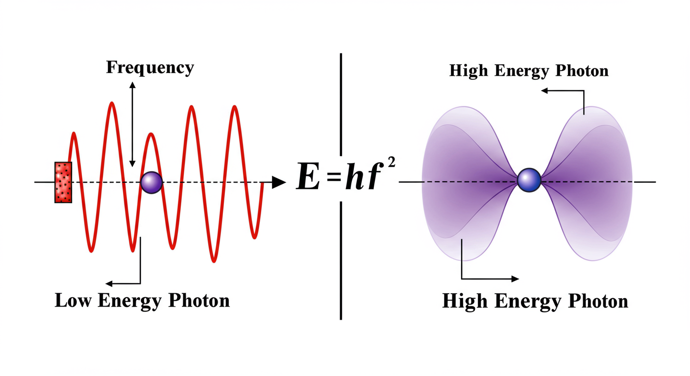 hertz to watts - Educational diagram illustrating the Planck-Einstein relation. On the left, a low-frequency red wave with a small energy packet labeled 'Low Energy Photon'. On the right, a high-frequency violet wave with a large energy packet labeled 'High Energy Photon'. The formula E=hf is displayed prominently in the center.