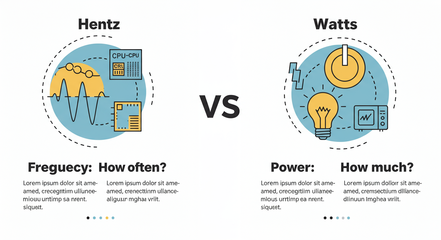 hertz to watts - High-quality infographic visually comparing Hertz and Watts. Left side shows a wave icon with 'Frequency: How often?' and examples like sound waves and CPU speed. Right side shows a power/energy icon with 'Power: How much?' and examples like a light bulb's brightness and a microwave's strength.