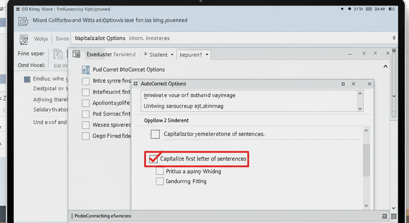 how to change case in word - Annotated screenshot of the Microsoft Word 'AutoCorrect' options window, with a bright red box highlighting the 'Capitalize first letter of sentences' checkbox.