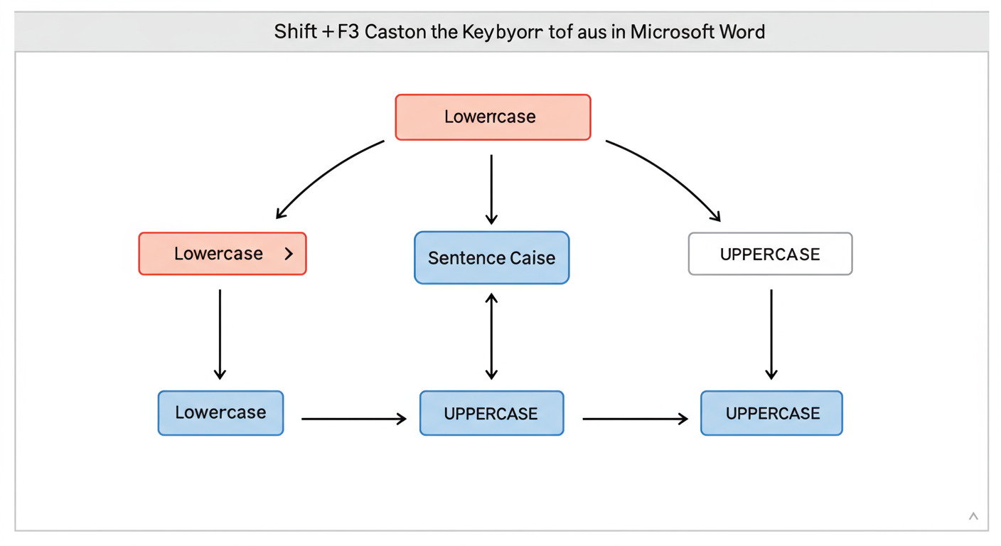 how to change case in word - Simple and clean flowchart diagram illustrating the cycle of the Shift + F3 keyboard shortcut in Word, showing arrows from 'lowercase' to 'Sentence case' to 'UPPERCASE' and back to 'lowercase'.