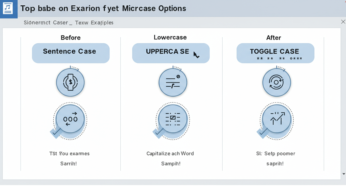 how to change case in word - High-quality infographic visually demonstrating the five text case options in Microsoft Word: Sentence case, lowercase, UPPERCASE, Capitalize Each Word, and tOGGLE cASE, with clear 'Before' and 'After' text examples for each.