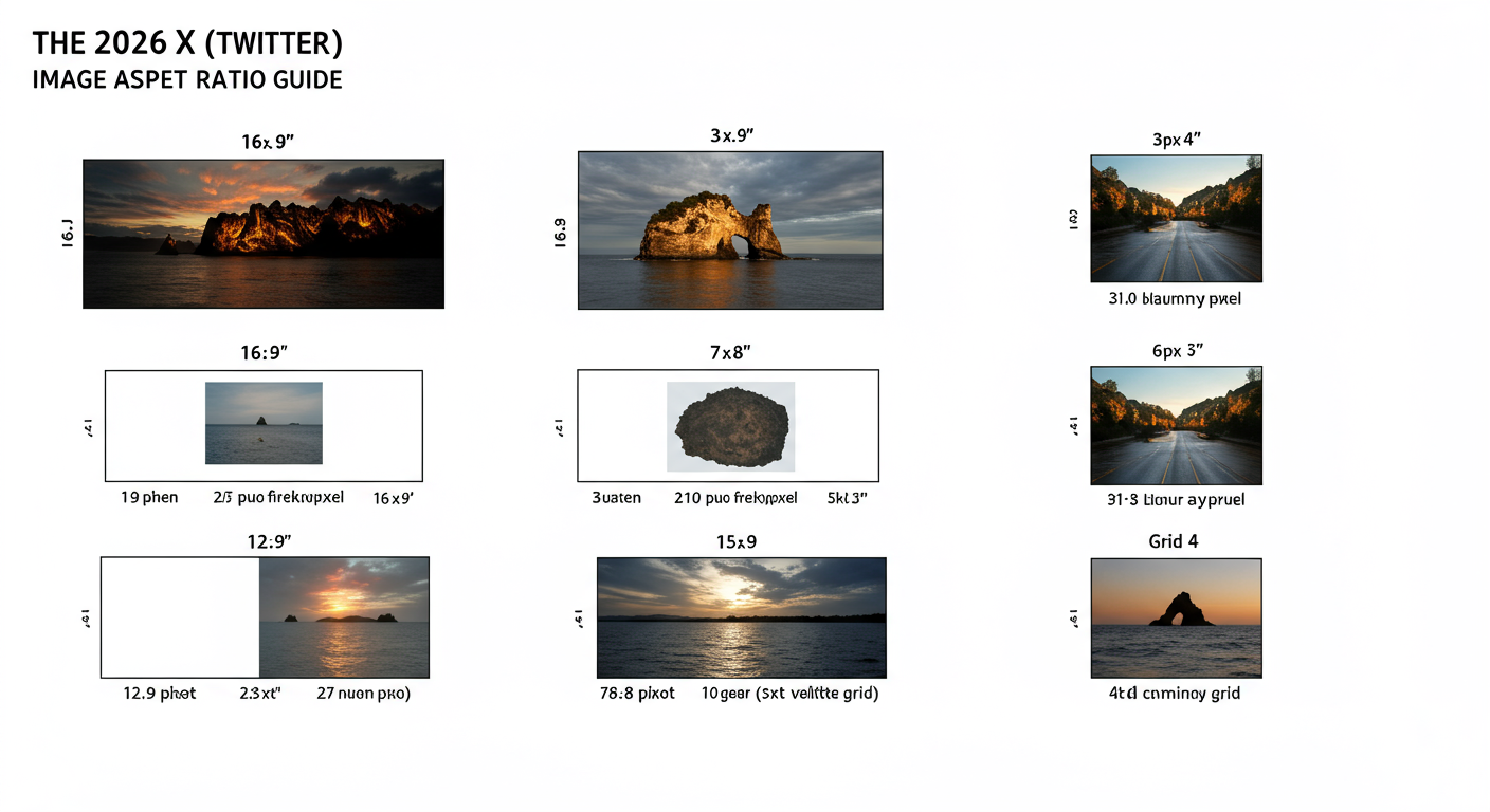 Tweet image - Detailed infographic titled 'The 2026 X (Twitter) Image Aspect Ratio Guide', visually showing how 1, 2, 3, and 4 images are displayed in the timeline with their respective 16:9, 7:8, and grid layouts clearly labeled with pixel dimensions.