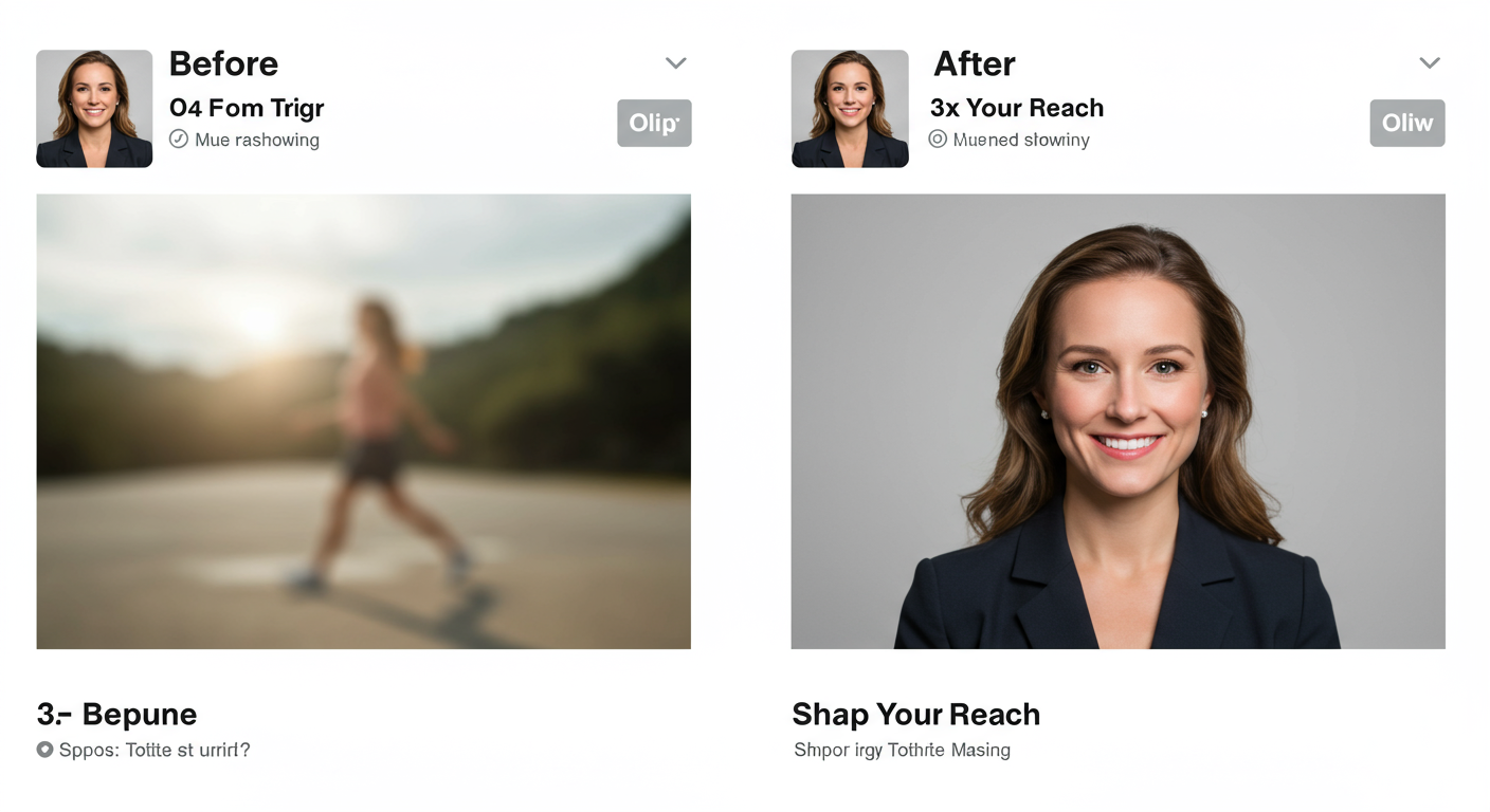 Tweet image - A high-contrast before-and-after graphic. 'Before' shows a tweet with a blurry, unbranded stock photo and plain text. 'After' shows the same tweet with a sharp, branded image featuring a clear text overlay ('3x Your Reach') and a professional headshot.
