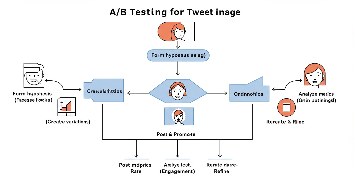 Tweet image - A minimalist flowchart diagram illustrating the A/B testing process for a tweet image. Steps are: 1. Form Hypothesis (e.g., 'Faces get more clicks'). 2. Create Variations (Image A: Face, Image B: Graphic). 3. Post & Promote. 4. Analyze Metrics (Engagement Rate, Clicks). 5. Iterate & Refine.