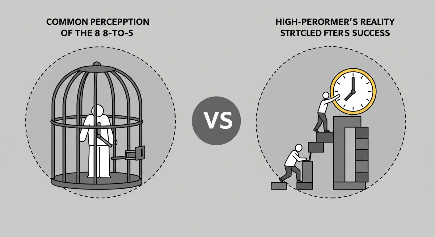 8am to 5pm workday - A professional minimalist infographic comparing the 'Common Perception of the 8-to-5' (showing a person in a cage made of clock hands) vs. the 'High-Performer's Reality' (showing a person using a clock as a structured building block for success).