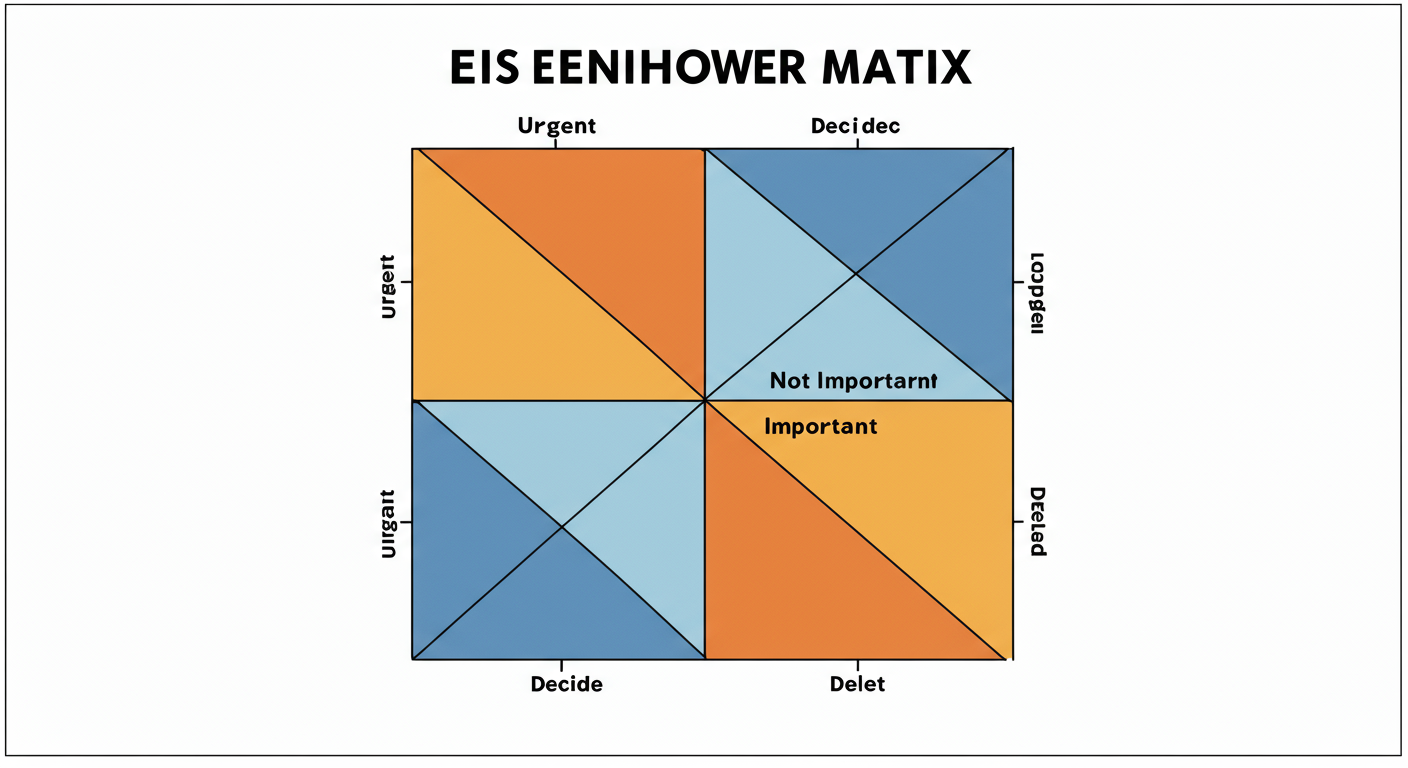 8am to 5pm workday - A high-quality educational infographic of the Eisenhower Matrix. It should be a 2x2 grid with 'Urgent' and 'Not Urgent' on the X-axis, and 'Important' and 'Not Important' on the Y-axis, with clear labels for the four quadrants: Do, Decide, Delegate, Delete.