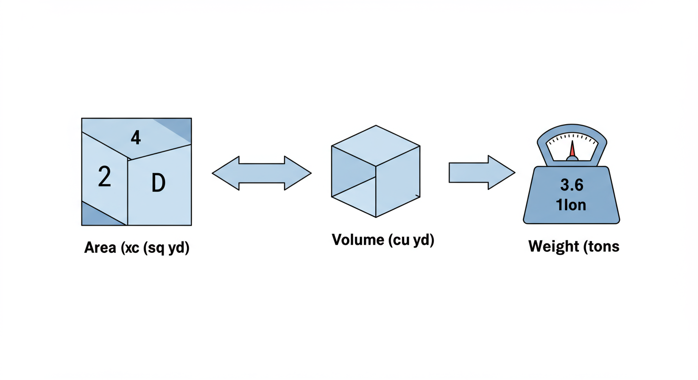 sq yards to tons - Clean, modern infographic illustrating the concept: a 2D square labeled 'Area (sq yd)' + an arrow pointing to a 3D cube labeled 'Volume (cu yd)' + an arrow pointing to a weight scale labeled 'Weight (tons)'. Title: From Area to Weight: The 3-Step Conversion.