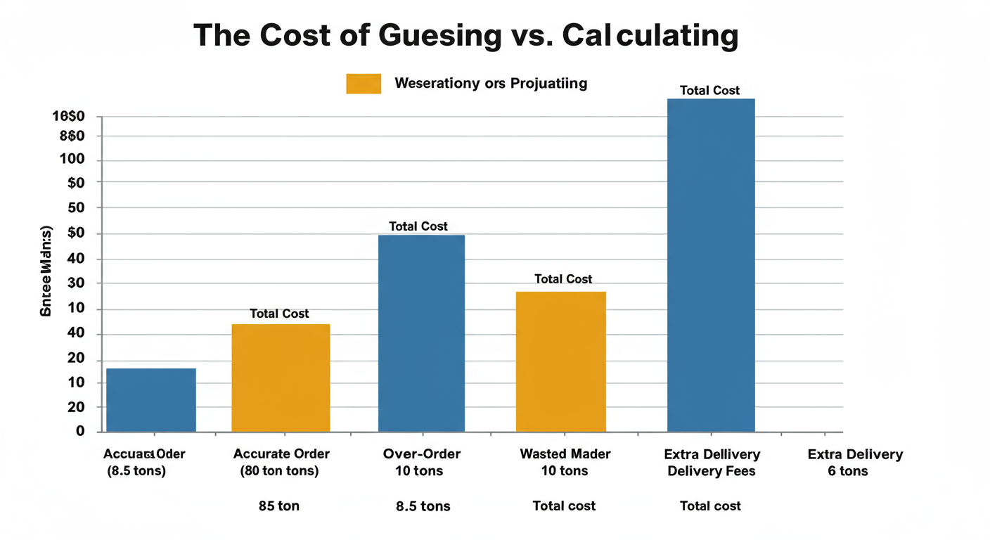 sq yards to tons - A professional bar chart titled 'The Cost of Guessing vs. Calculating'. It compares three scenarios for an 8.5-ton project: 'Accurate Order (8.5 tons)', 'Over-Order (10 tons)', and 'Under-Order (6 tons)'. The bars show total cost, breaking down 'Material Cost', 'Wasted Material Cost', and 'Extra Delivery Fees' to visually highlight the financial penalty of guessing.