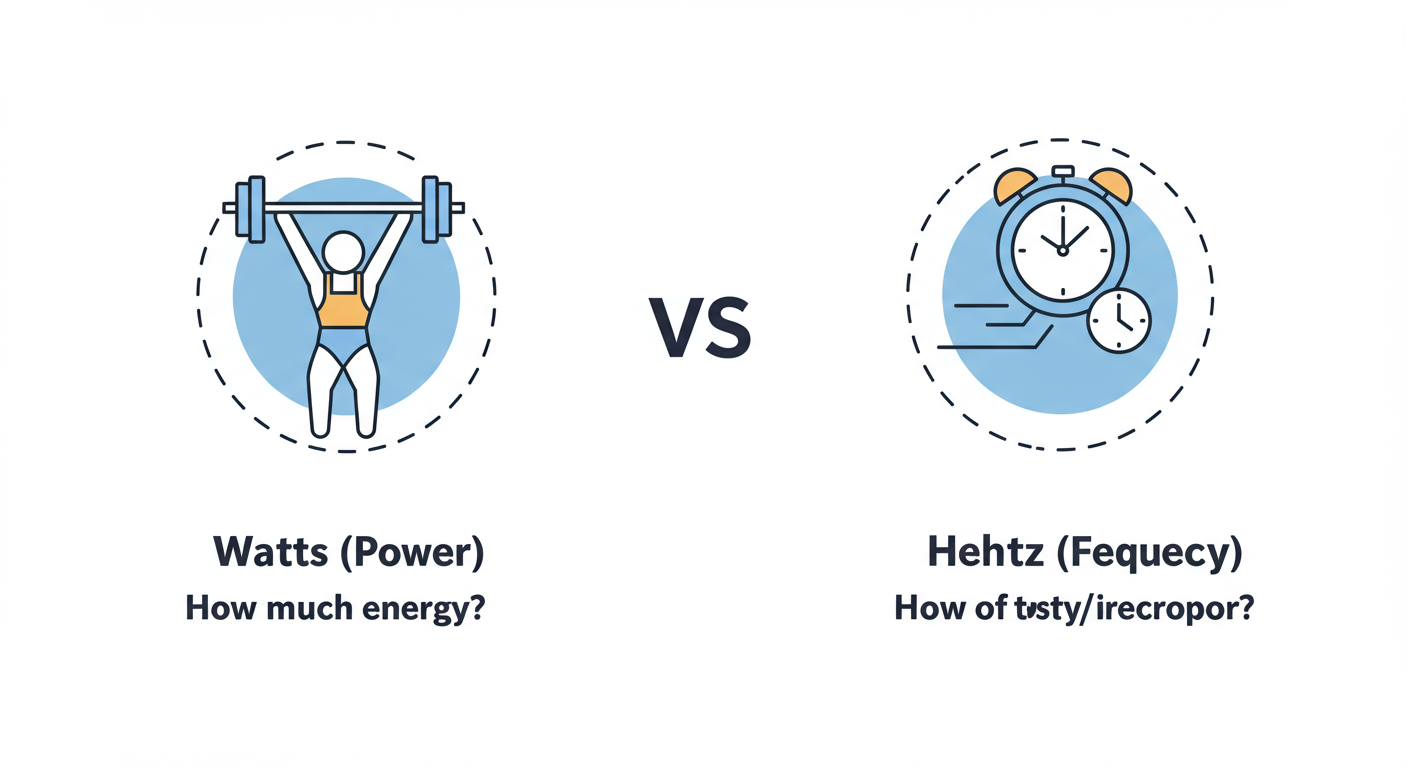 watts to hz - A clean, modern infographic visually comparing Watts and Hertz. On the left, an icon of a weightlifter labeled "Watts (Power)" with the text "How much energy?". On the right, an icon of a running clock labeled "Hertz (Frequency)" with the text "How often?".