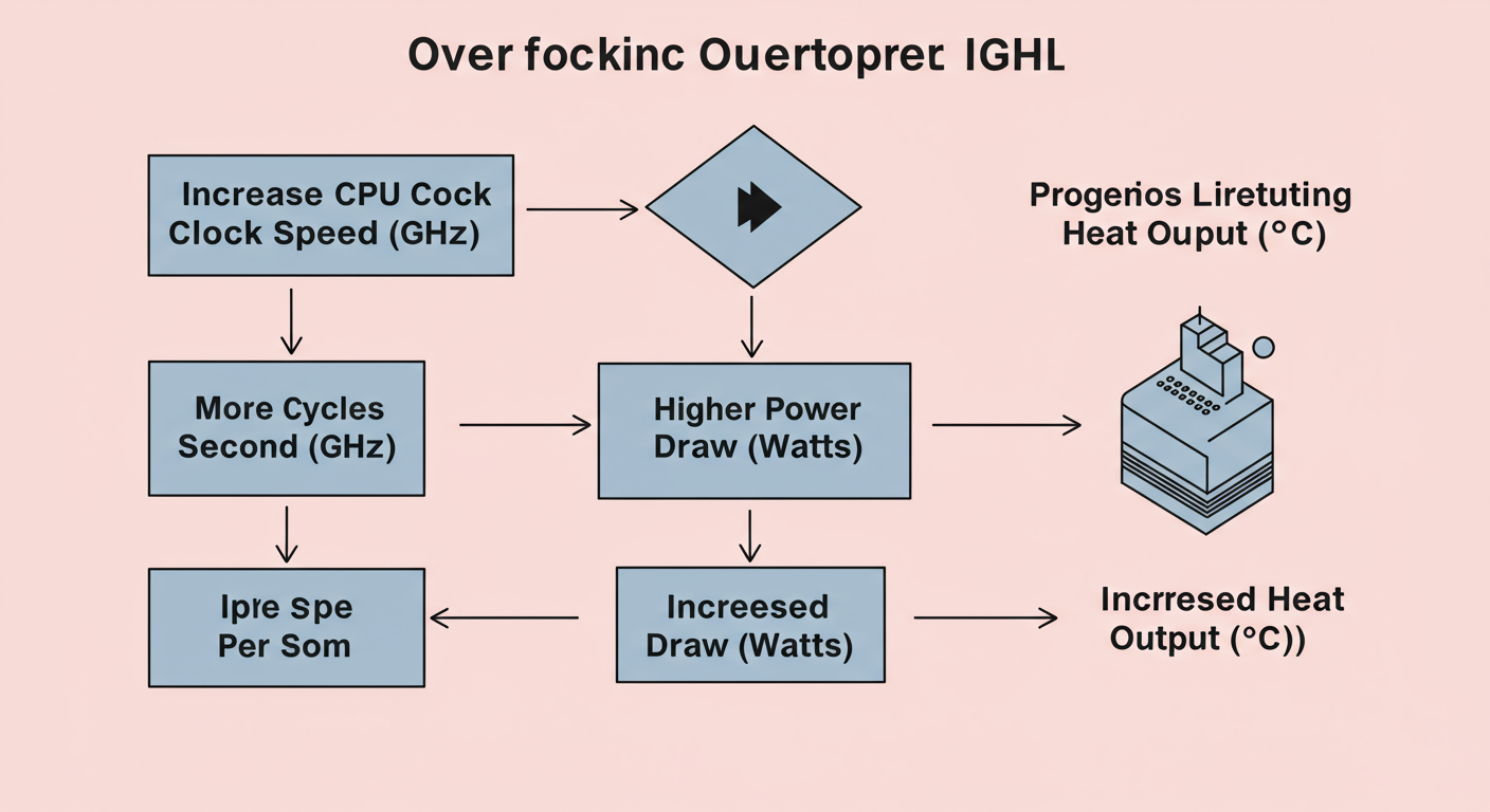 watts to hz - A professional minimalist flowchart showing the overclocking process. Box 1: "Increase CPU Clock Speed (GHz)". Arrow to Box 2: "More Cycles Per Second". Arrow to Box 3: "Higher Power Draw (Watts)". Arrow to Box 4: "Increased Heat Output (°C)".