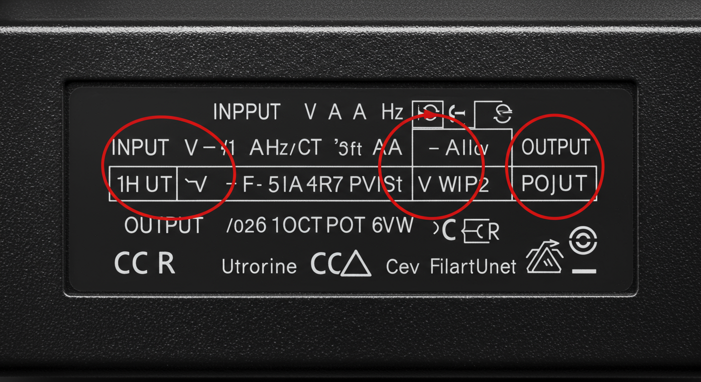 watts to hz - A high-quality graphic of a realistic laptop power adapter label. Each important value (INPUT V, A, Hz and OUTPUT V, A, W) is circled with a number and has a clear annotation explaining what it means.