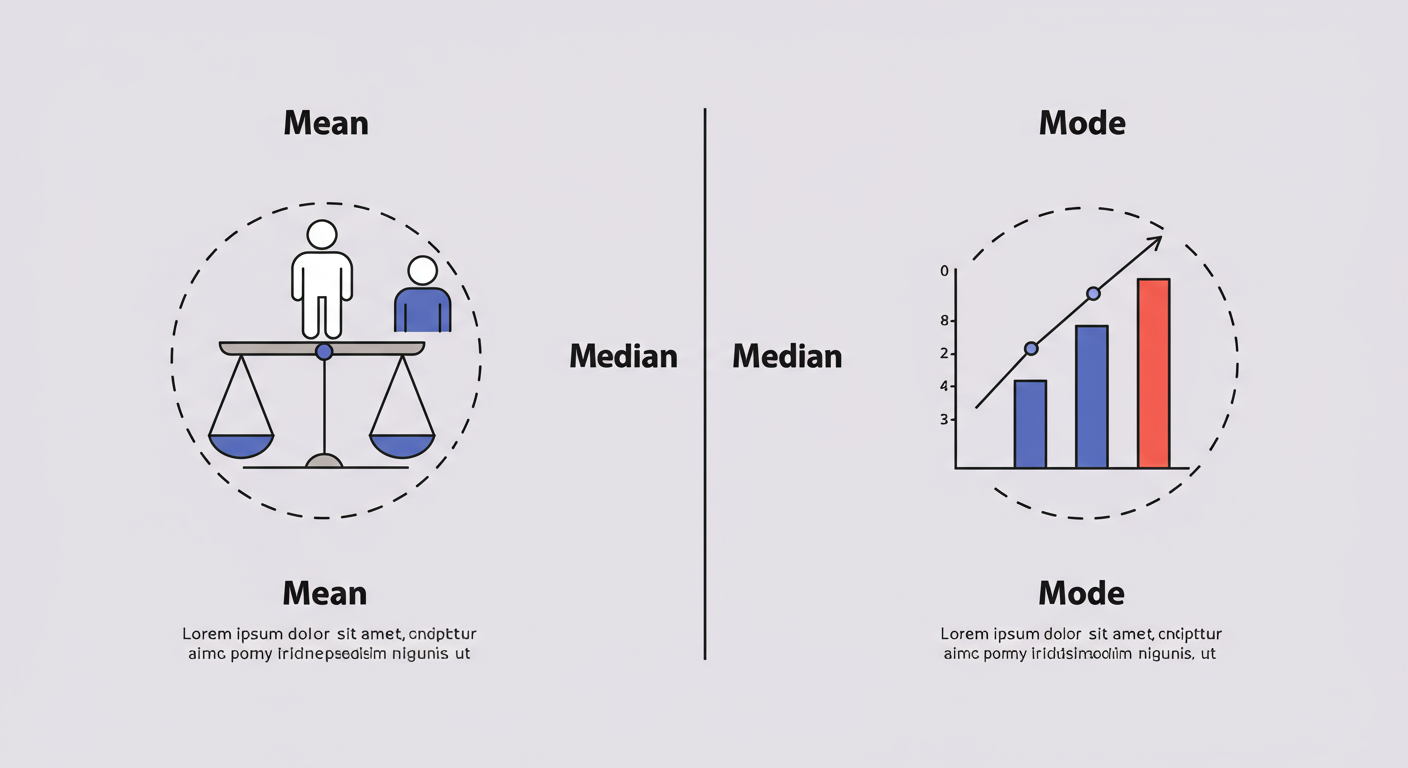 Average Number Calculator - A clean, modern infographic visually comparing Mean, Median, and Mode. For Mean, show a balanced scale. For Median, show a line of people with the person in the middle highlighted. For Mode, show a bar chart with one bar clearly taller than the others.