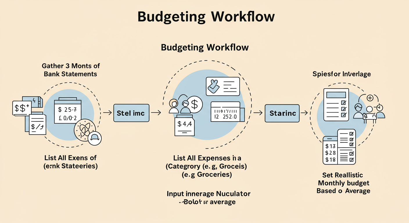 Average Number Calculator - A professional flowchart diagram titled 'Budgeting Workflow'. It starts with 'Gather 3 Months of Bank Statements', moves to 'List All Expenses in a Category (e.g., Groceries)', then to 'Input into Average Number Calculator', and ends with 'Set Realistic Monthly Budget Based on Average'.